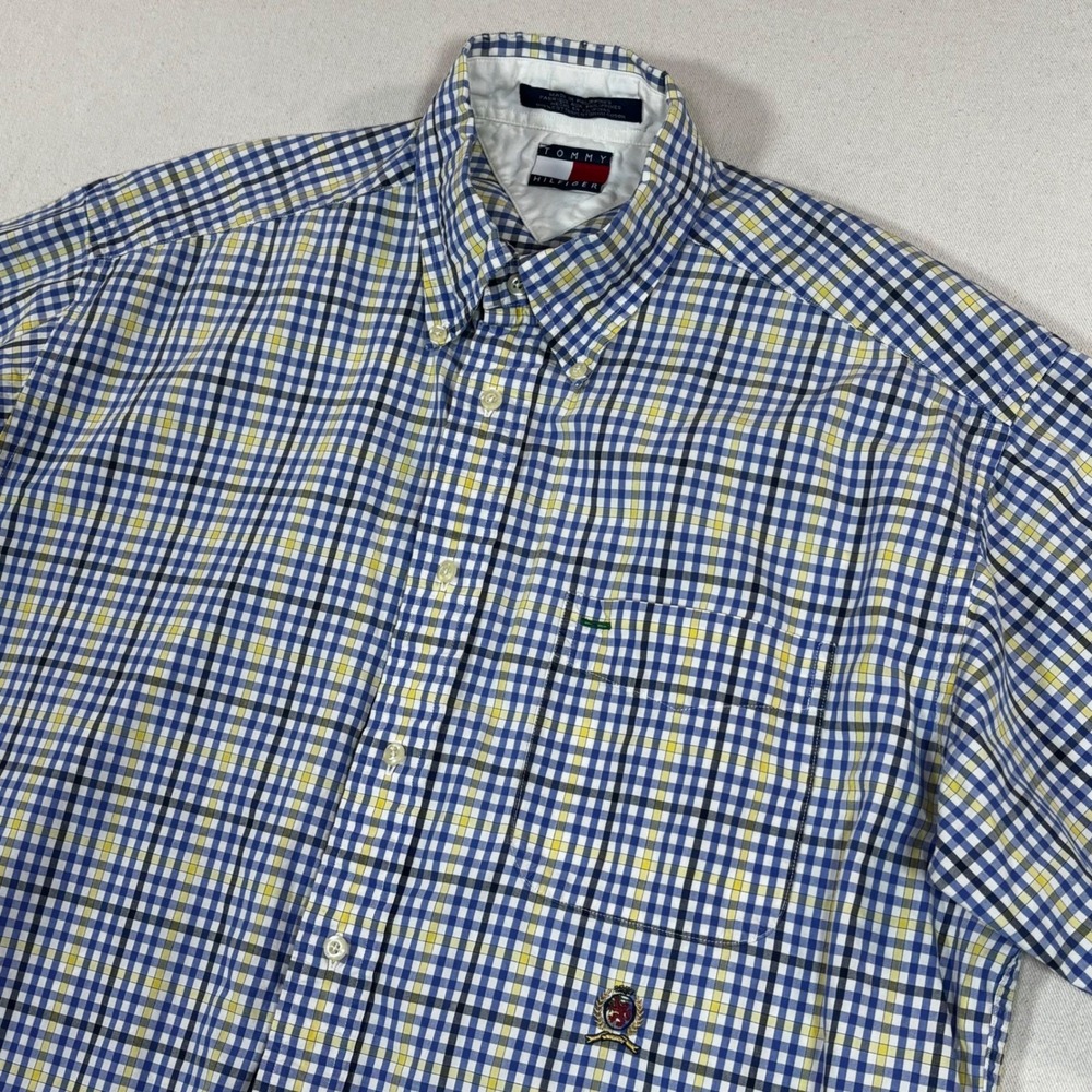 Tommy Hilfiger Men's Short Sleeve Button Down Shirt Blue Yellow Plaid Crest L